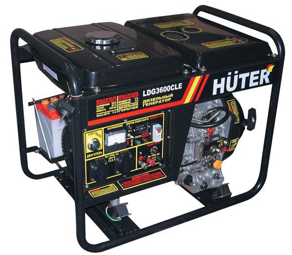  Huter LDG3600 CLE Двигатель-дизельный,4-х тактный,воздушного охл.(принудительного);Мощность-2500 Вт.;Напряжение-220/12 В.;Альтернатор-щеточный, синхронный.;Вес-85 кг.
